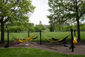 Students relaxing in hammocks with a view of the Old Capitol in the background.