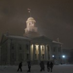 Pentacrest at night in a snowstorm