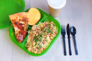 Food displayed in a to go box.