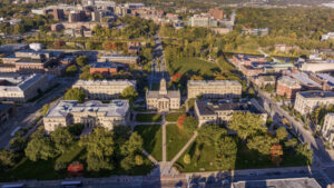 Drone shot of the Pentacrest.